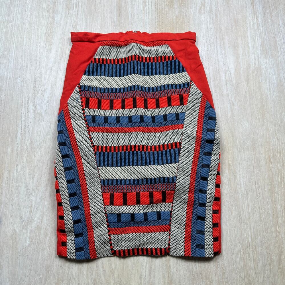 Eva Franco Anthropologie Coral Red Blue Geometric Jacquard Retro Pencil Skirt 6
